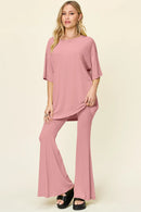Double Take Full Size Round Neck Drop Shoulder T-Shirt and Flare Pants Set Dusty Pink
