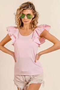 BiBi Wide Layered Ruffle Sleeve Scoop Neck Ribbed Top - Store 42