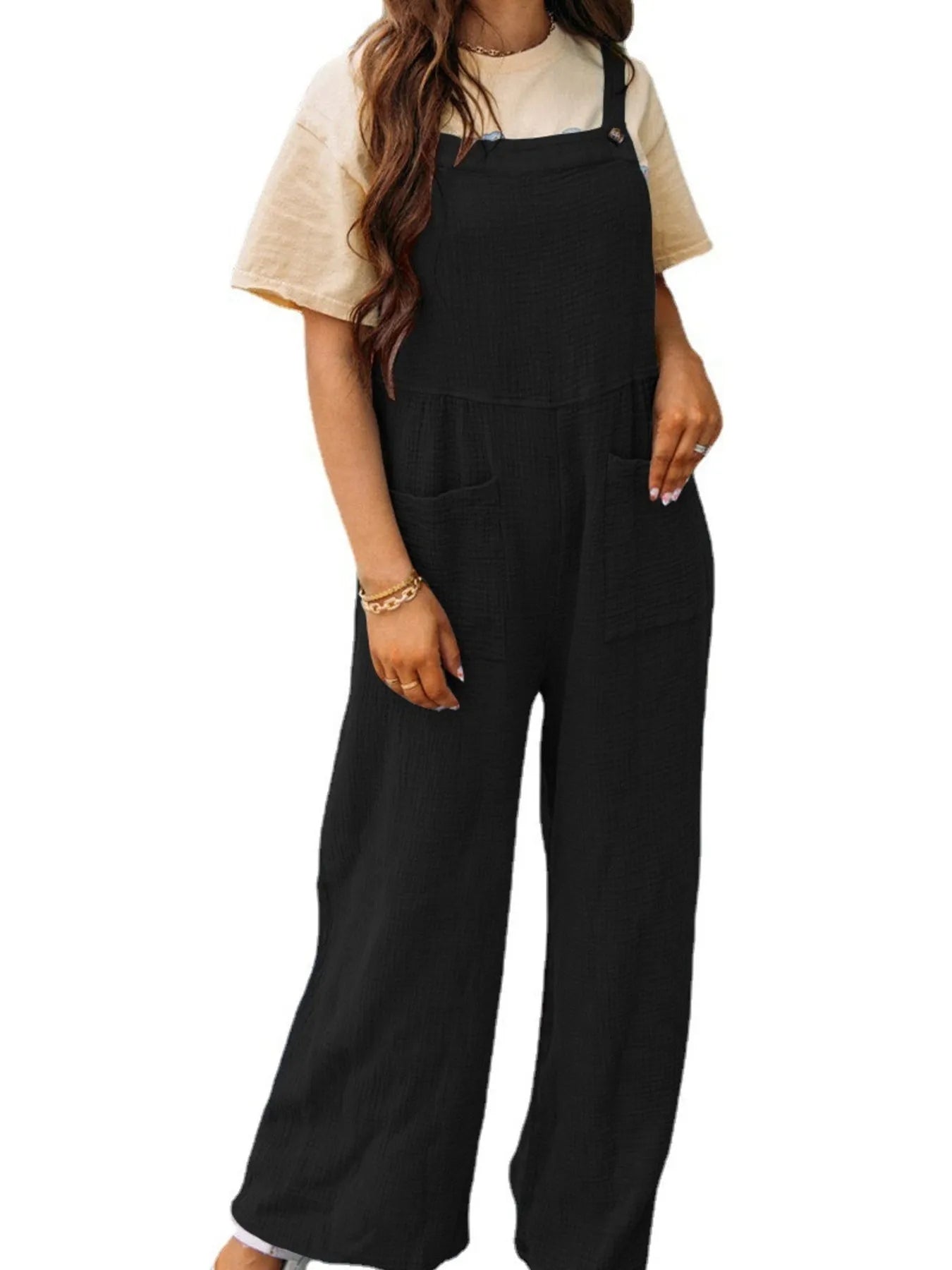 Full Size Casual Wide Leg Textured Overalls Plus Size
