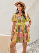 Crochet Trim Printed V-Neck Short Sleeve Mini Dress