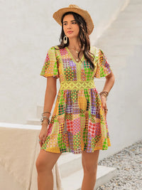 Crochet Trim Printed V-Neck Short Sleeve Mini Dress