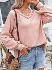 Exposed Seam Ribbed Knit V Neck Top