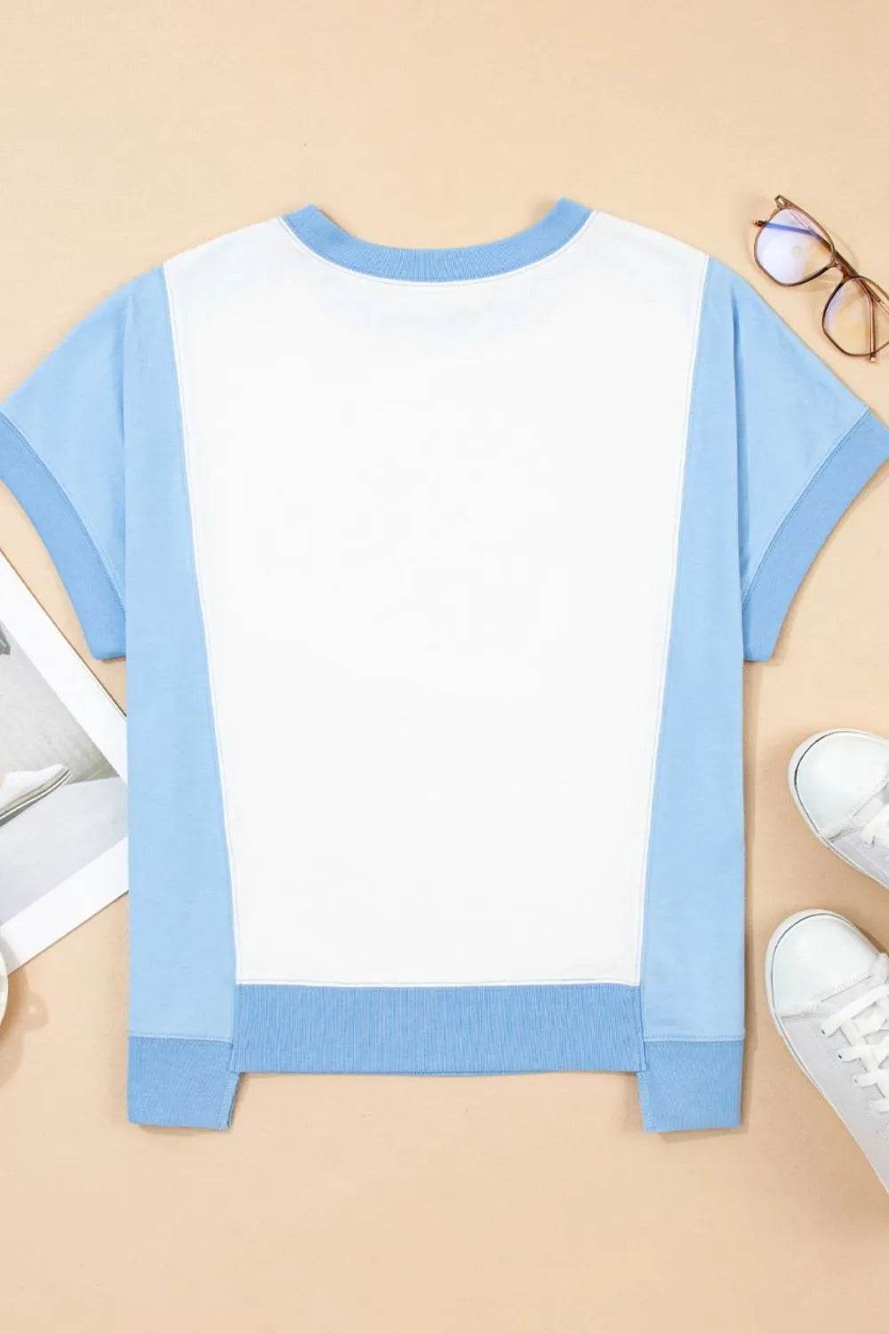Stylish Color Block Crew Neck T-Shirt with Exposed Seams - Soft Cotton Blend, Slightly Stretchy - Store 42
