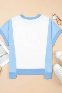 Stylish Color Block Crew Neck T-Shirt with Exposed Seams - Soft Cotton Blend, Slightly Stretchy - Store 42