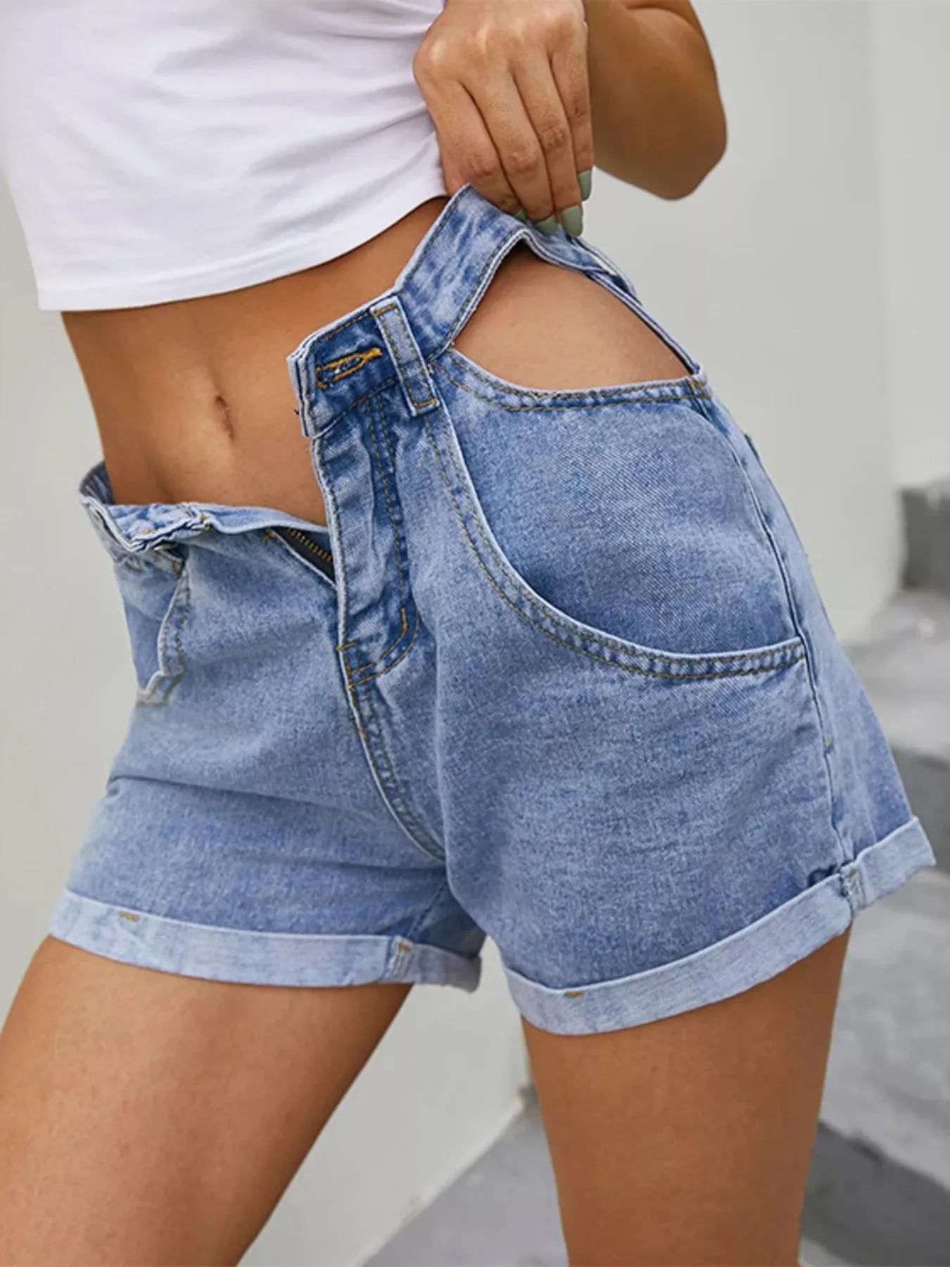 Trendy High-Waisted Cutout Denim Shorts with Pockets - Slightly Stretchy Cotton Blend