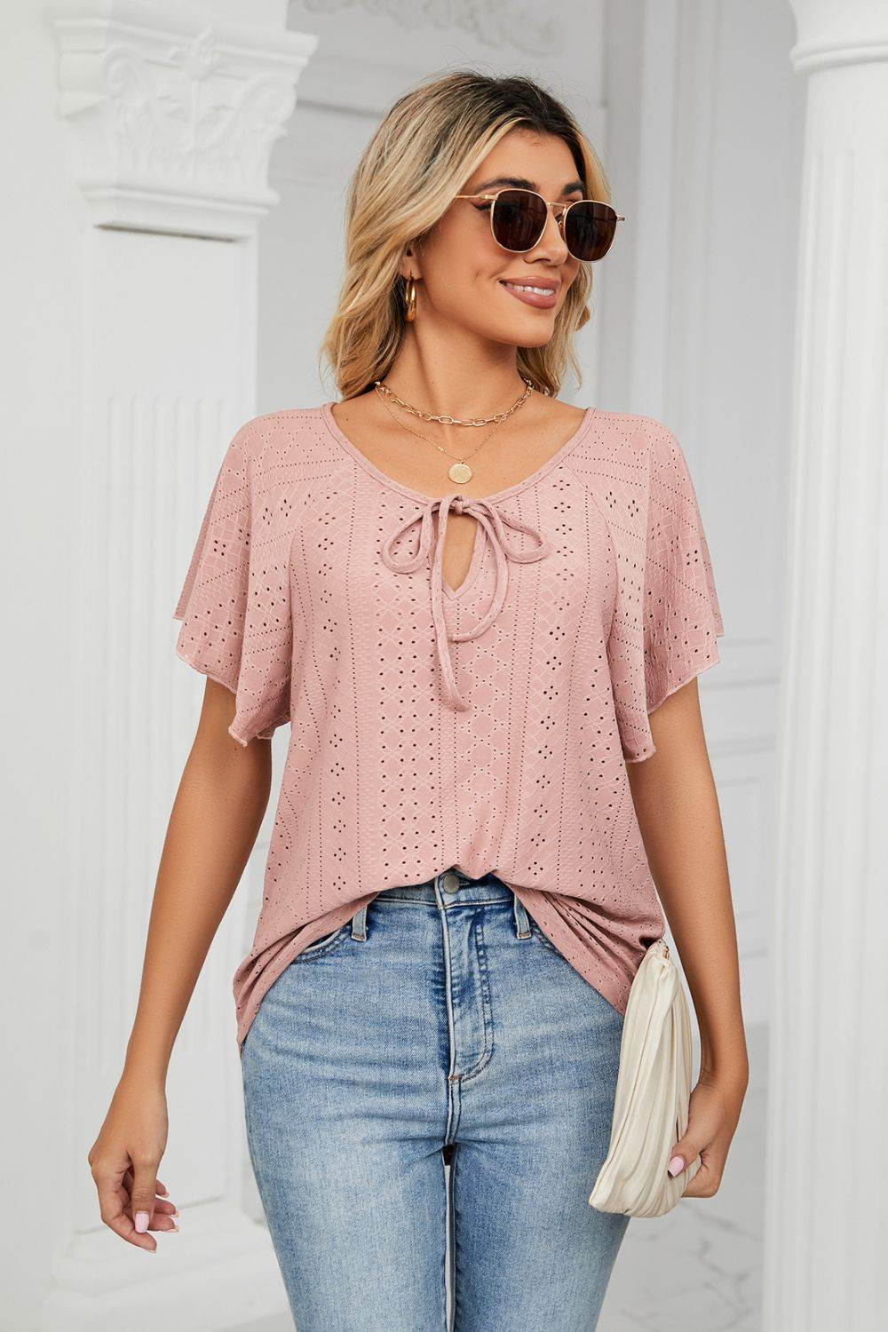 Trendsi Casual Eyelet Tie-Neck Flutter Sleeve Top in Solid Color - Slightly Stretchy V-Neck Design - Store 42