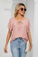 Trendsi Casual Eyelet Tie-Neck Flutter Sleeve Top in Solid Color - Slightly Stretchy V-Neck Design - Store 42