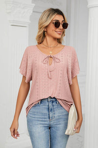 Trendsi Casual Eyelet Tie-Neck Flutter Sleeve Top in Solid Color - Slightly Stretchy V-Neck Design - Store 42