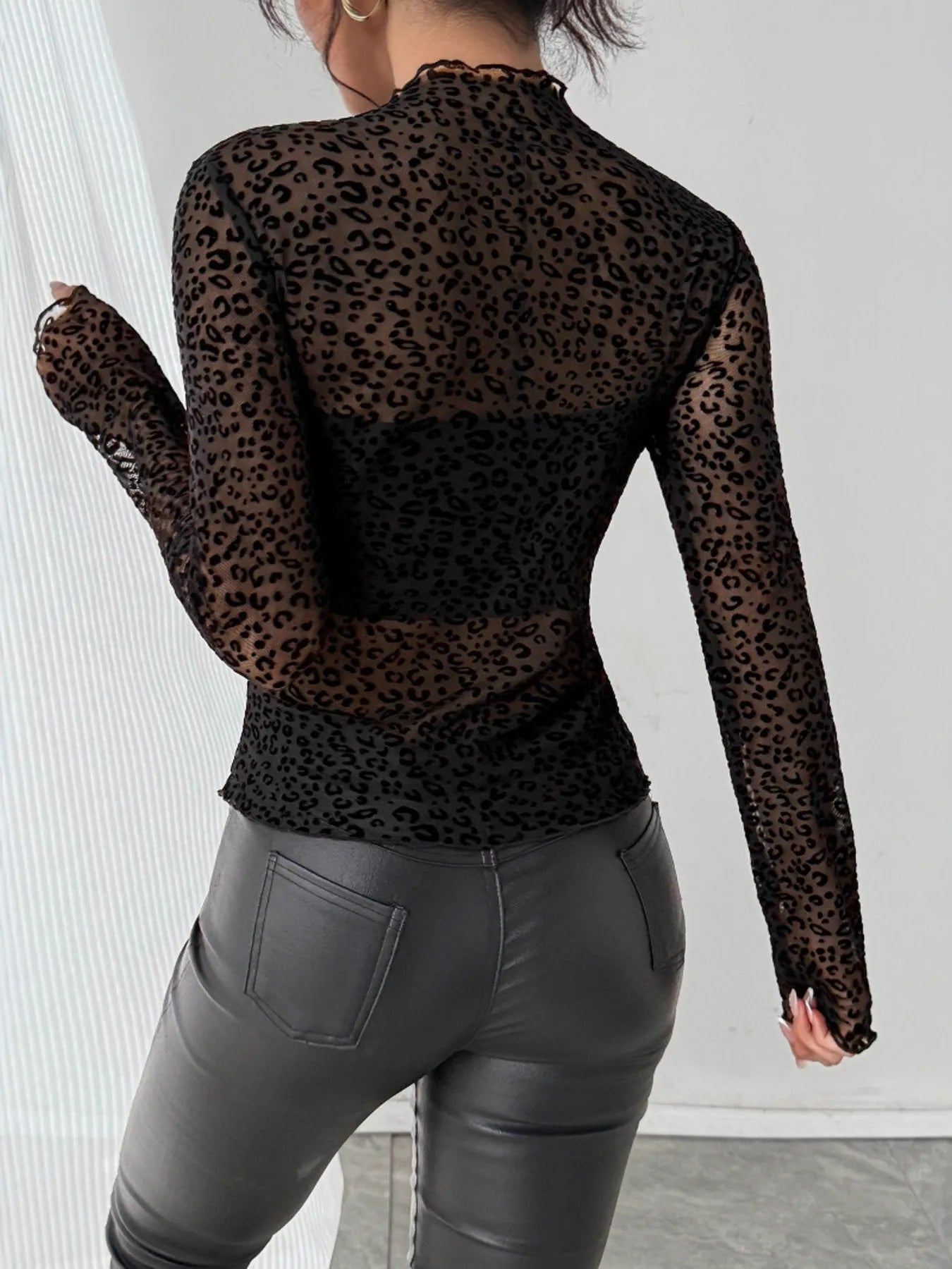 Sleek Leopard Print Sheer Long Sleeve T-Shirt - Slightly Stretchy, Stylish & Comfortable