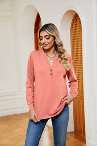Trendsi Buttoned Notched Neck Long Sleeve Top - Slightly Stretchy Opaque Fabric - Store 42