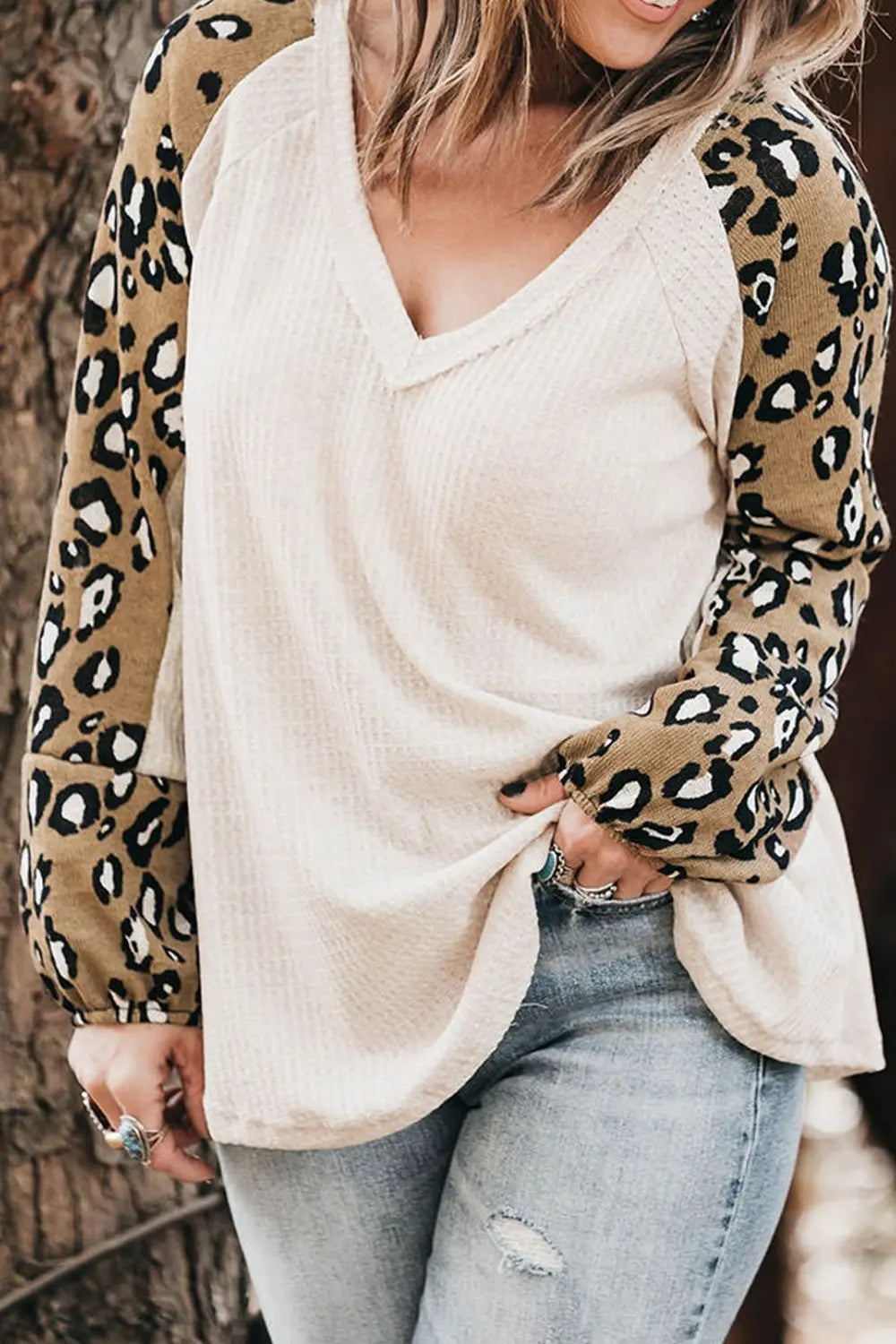 Trendsi Plus Size Leopard Print V-Neck Blouse with Raglan Sleeves - Opaque Polyester Fabric