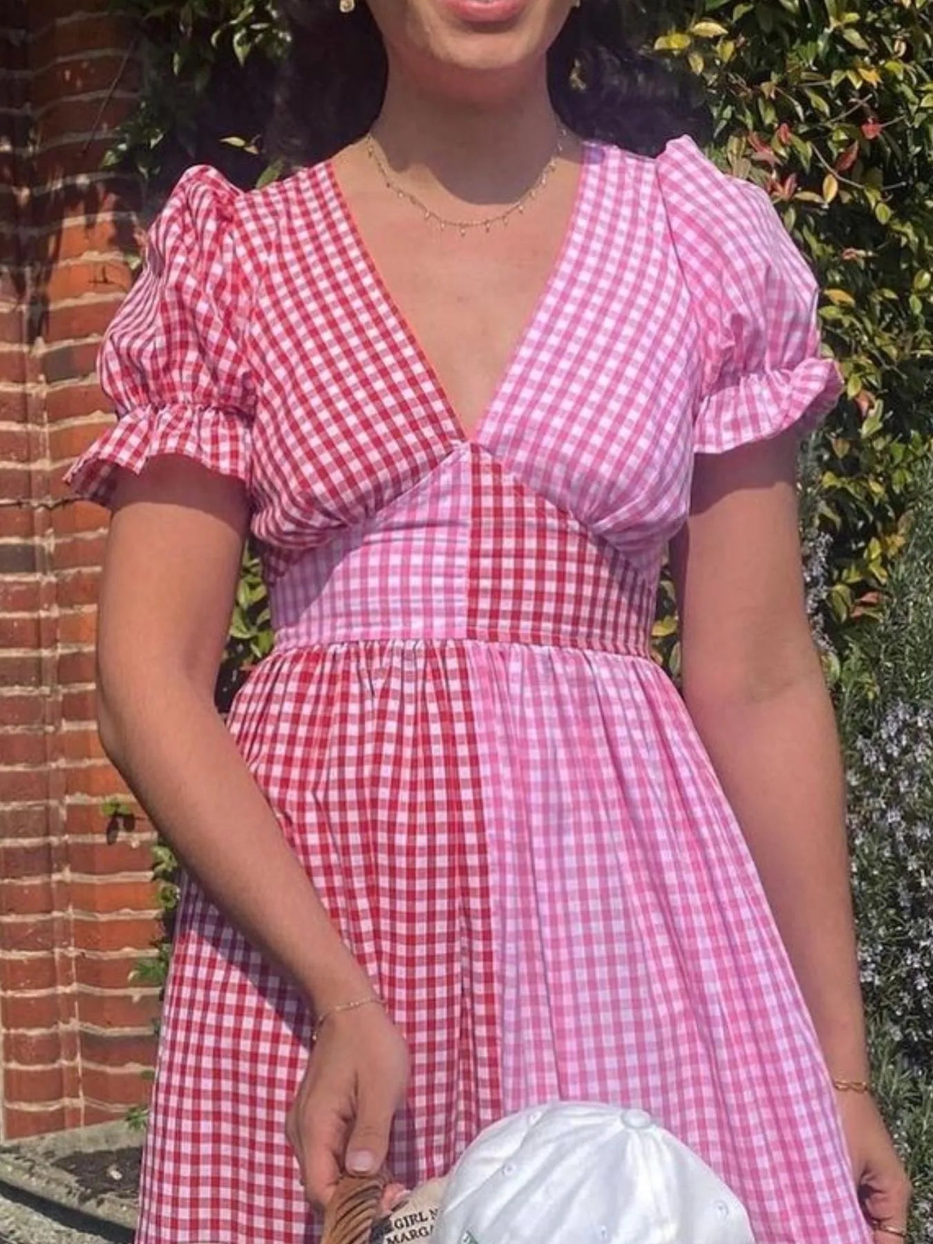 Plaid V-Neck Puff Sleeve Dress