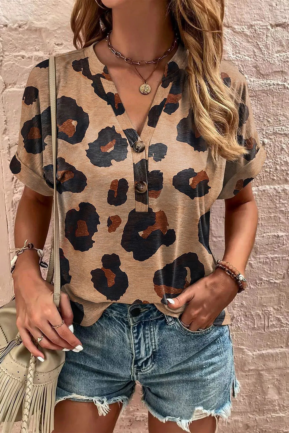 Leopard Print Half Button Short Sleeve T-Shirt for Women - Opaque, Slightly Stretchy, Trendy Top