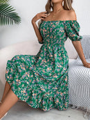 Ruffled Hem Floral Puff Sleeve Dress Dark Green