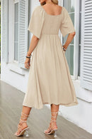 Smocked Tie Front Flutter Sleeve Midi Dress
