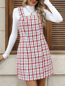 Plaid Tweed Square Neck Mini Dress Scarlet