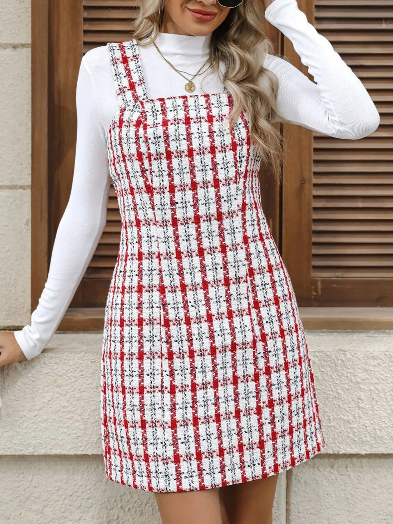 Plaid Tweed Mini Dress with Square Neck, 100% Polyester - Zipper Closure, Unlined