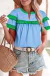 Contrast Notched Neck Frilly Detail Short Sleeve Blouse Pastel Blue