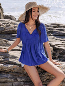 Lace Detail Tie Neck Short Sleeve Top for Women - 100% Viscose, Ruched Design, Imported - Store 42
