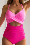 Tied Crisscross Cutout One-Piece Swimwear Hot Pink
