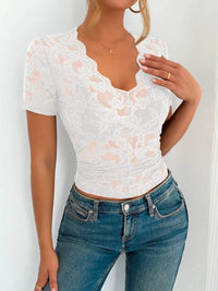 Sheer Lace V-Neck Short Sleeve Top for Women - Slightly Stretchy, Elegant Style - Store 42