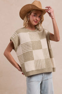 BiBi Checker With Stripes Pattern Sleeveless Sweater OLIVE IVORY