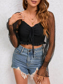 Chic V-Neck Drawstring Flounce Sleeve Cropped Top in Solid Polyester - Store 42