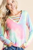 BiBi Tie Dye French Terry V-Neck Top with Strapped - Store 42