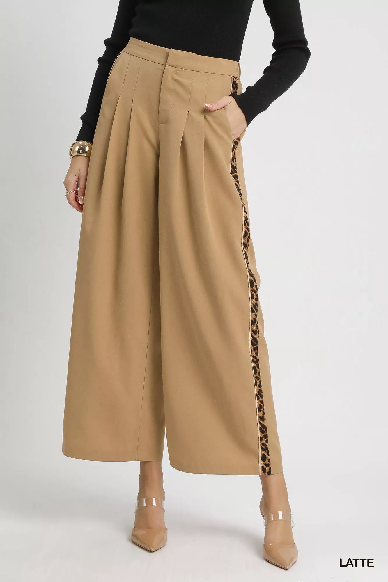 Umgee Front Pleated Wide-Leg Pants with Contrast Trim