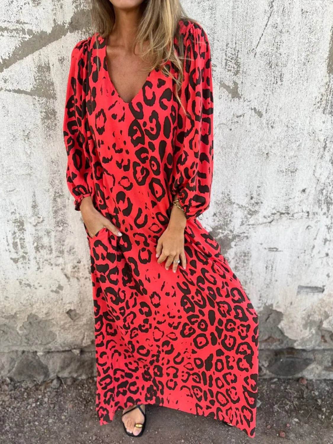 Full Size Printed V-Neck Dress with Pockets Plus Size - Store 42
