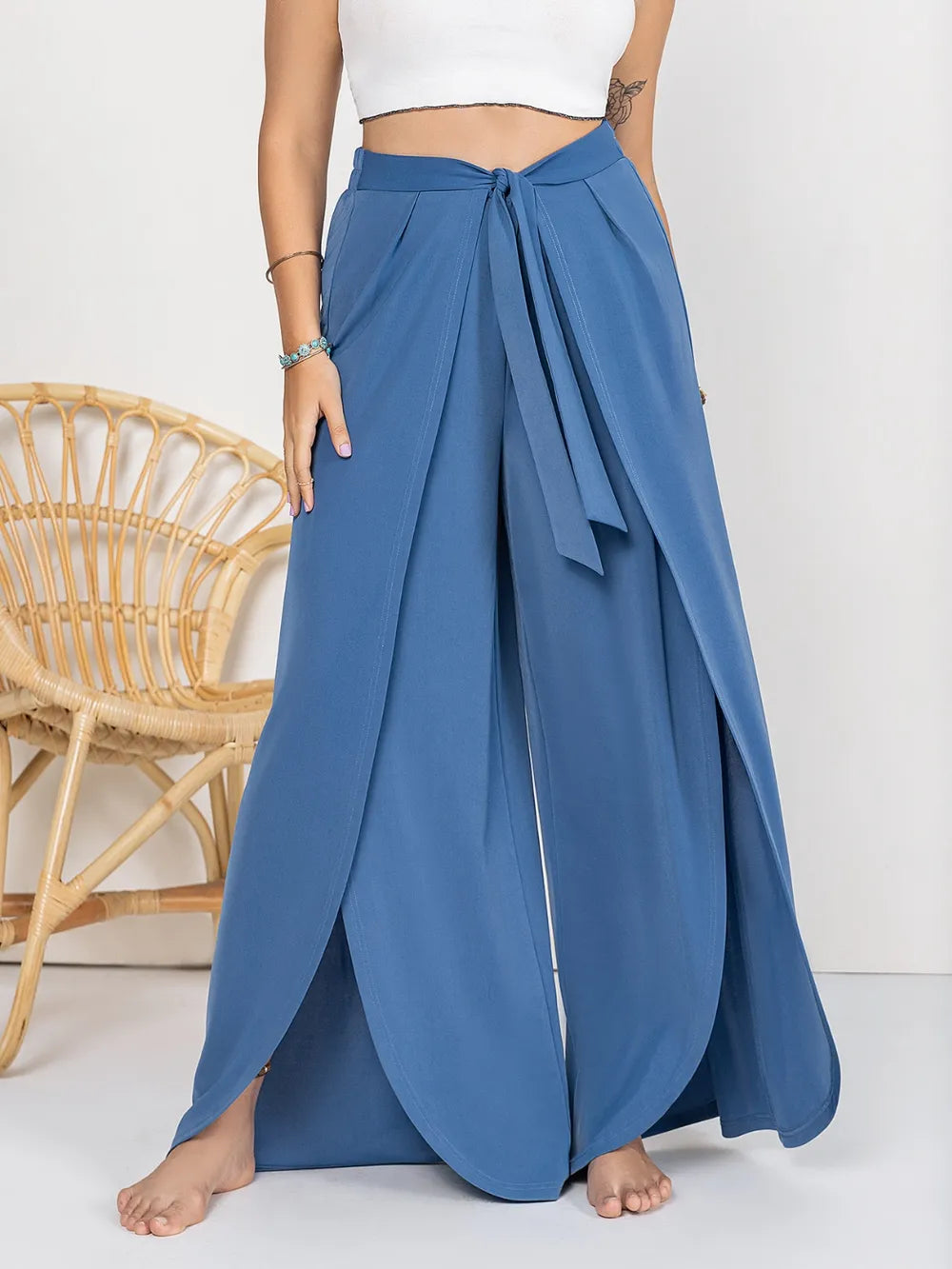 Plus Size Tied Slit Wide Leg Pants - Opaque, Comfortable Fit with Stylish Design