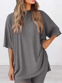 Full Size Oversized Round Neck Top and Shorts Set Plus Size Grey