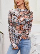 Floral Mock Neck Long Sleeve Top for Women - Slightly Stretchy, Comfortable Polyester Blend - Store 42
