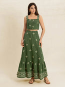Embroidered Square Neck Cami and Skirt Set Moss