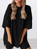 Full Size Oversized Round Neck Top and Shorts Set Plus Size Black