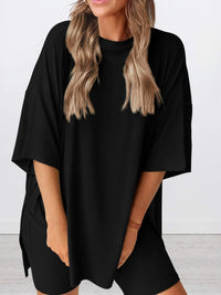 Full Size Oversized Round Neck Top and Shorts Set Plus Size Black