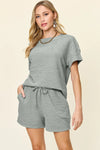Double Take Full Size Texture Short Sleeve T-Shirt and Drawstring Shorts Set Cloudy Blue