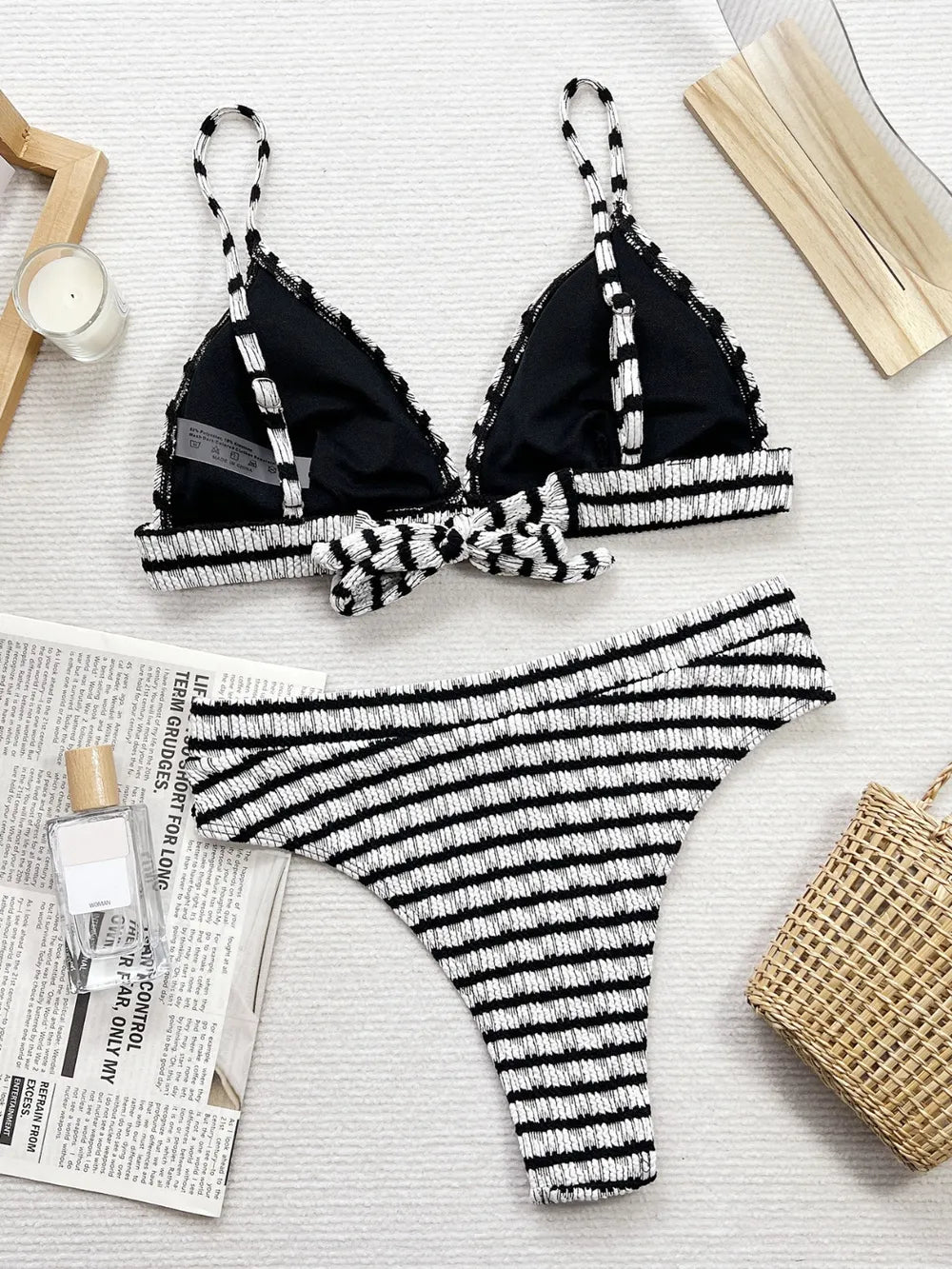Striped V-Neck Two-Piece Swim Set with Non-Removable Padding and Slight Stretch