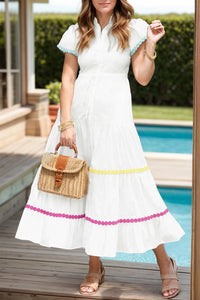 Contrast Trim Button Up Short Sleeve Dress White