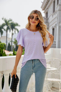 Trendsi Eyelet Flutter Sleeve Semi-Sheer Round Neck Casual Top - 100% Polyester - Store 42