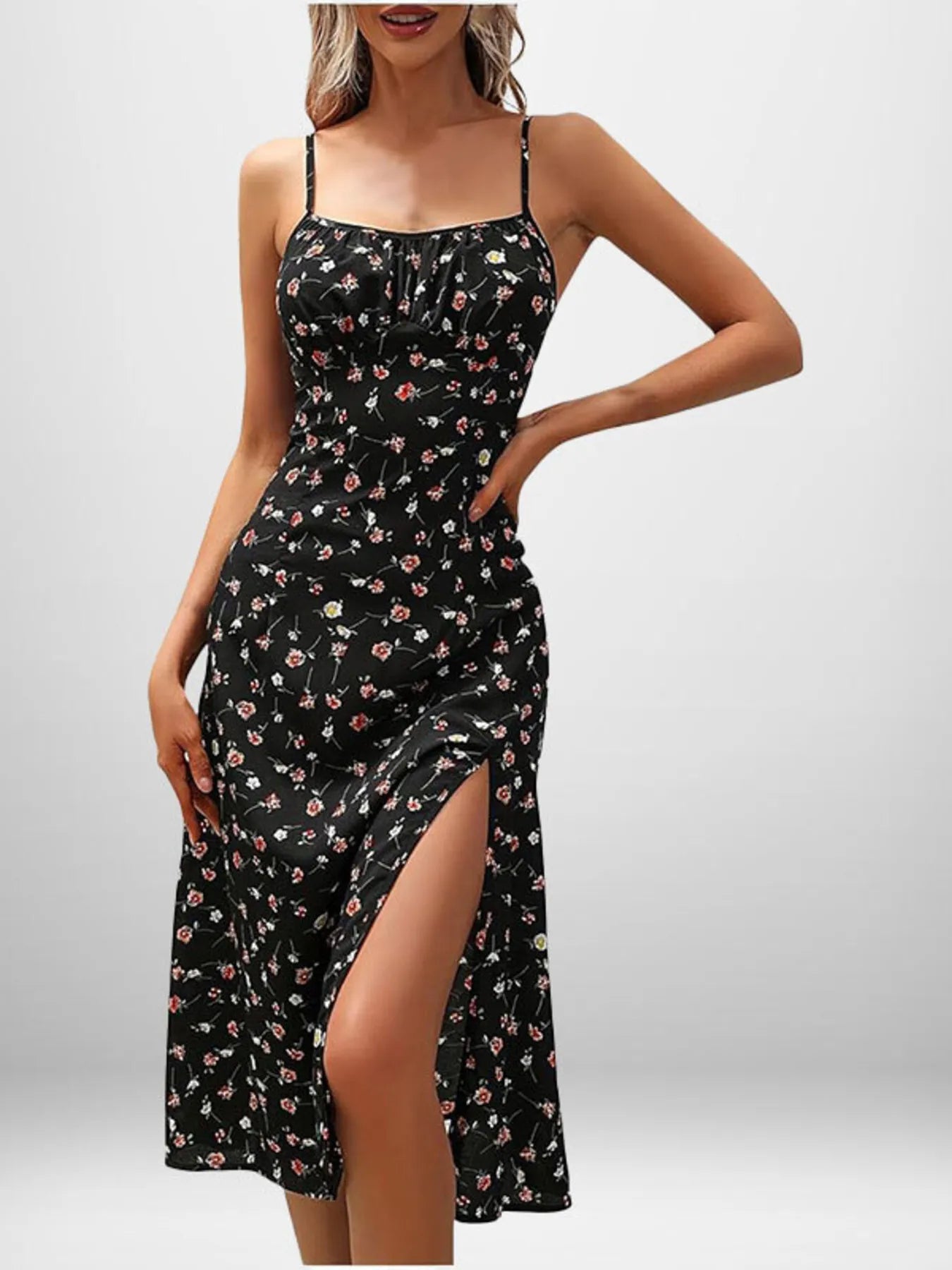 Plus Size Full Length Slit Printed Cami Midi Dress with Tied Detail in 100% Polyester