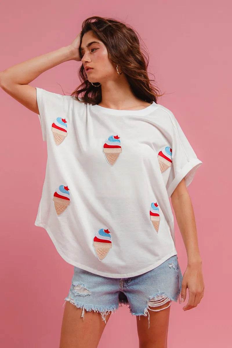 BiBi Solid Terry With Fourth Of July Theme Patched Top