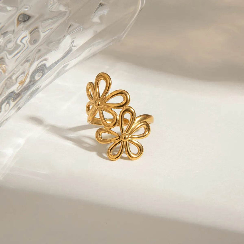 Elegant 18K Gold-Plated Stainless Steel Flower Ring with Adjustable Open Band Design