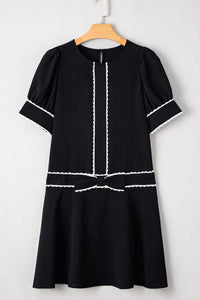 Contrast Scallop Trim Bow Detail Short Sleeve Shift Dress