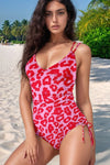 Leopard Cutout Ribbed Side Drawstring One-Piece Swimsuit Strawberry