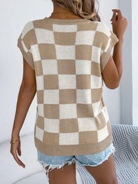 Checkered Round Neck Cap Sleeve Knit Top