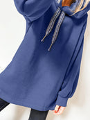 Fleece Lined Adjustable Drawstring Oversize Tunic Hoodie Navy