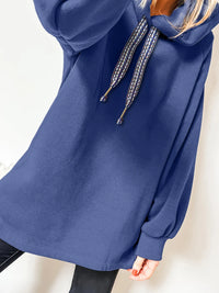 Fleece Lined Adjustable Drawstring Oversize Tunic Hoodie Navy