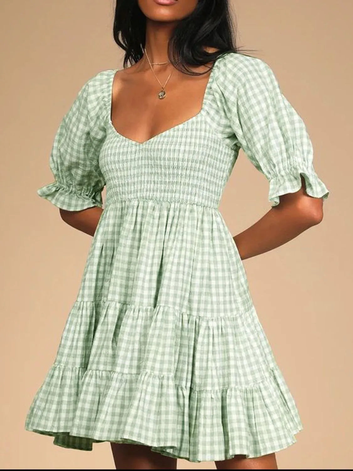 Ruffled Hem Plaid Half Sleeve Mini Dress Light Green