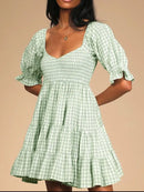 Ruffled Hem Plaid Half Sleeve Mini Dress Light Green